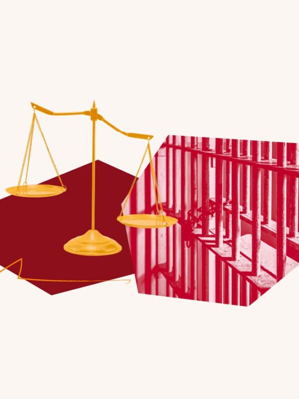 Red filtered image of jail bars. Orange scale over red geometric shape.