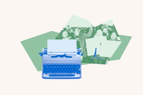 Green filtered image of people protesting. Blue filtered typewriter over green geometric shape
