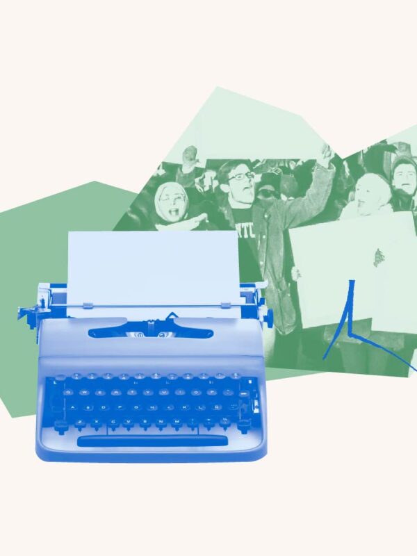 Green filtered image of people protesting. Blue filtered typewriter over green geometric shape