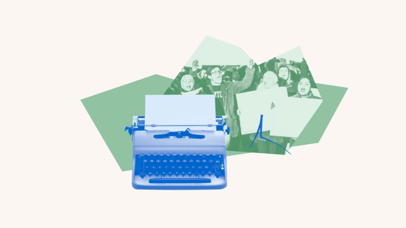 Green filtered image of people protesting. Blue filtered typewriter over green geometric shape