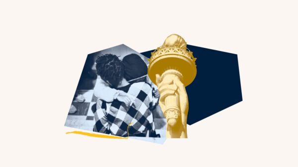 Navy filtered image of mom hugging child. Yellow state of liberty torch in front of blue geometric shape.