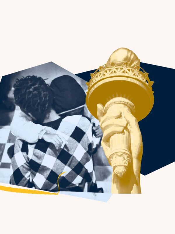 Navy filtered image of mom hugging child. Yellow state of liberty torch in front of blue geometric shape.