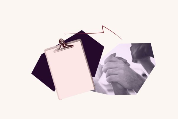 Purple filtered hands holding each other up. Red filtered clipboard over purple geometric shape.