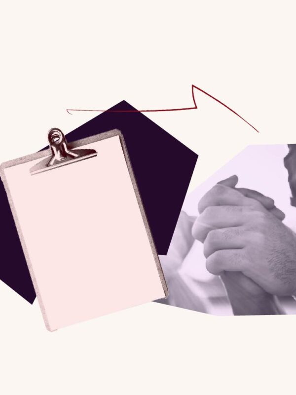 Purple filtered hands holding each other up. Red filtered clipboard over purple geometric shape.