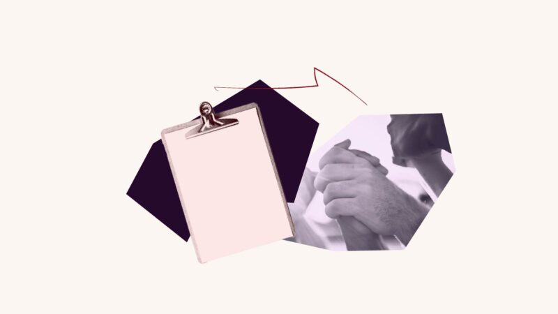 Purple filtered hands holding each other up. Red filtered clipboard over purple geometric shape.
