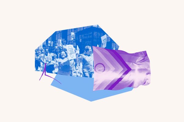 Blue filtered image of people at a Pride protest. Purple filtered pride flag over blue geometric shape.
