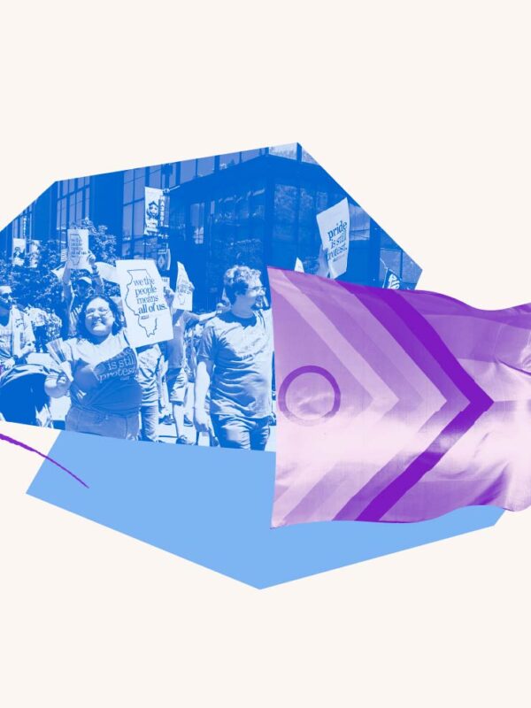 Blue filtered image of people at a Pride protest. Purple filtered pride flag over blue geometric shape.