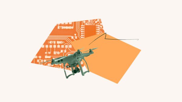 Orange filtered image of computer parts. Green filtered drone over orange geometric shape.