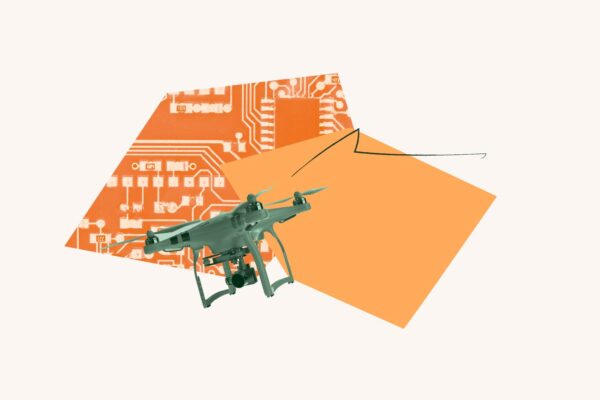 Orange filtered image of computer parts. Green filtered drone over orange geometric shape.