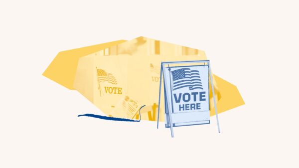 Yellow filtered image of voting booths. Blue filtered image of "Vote Here" sign over yellow shape
