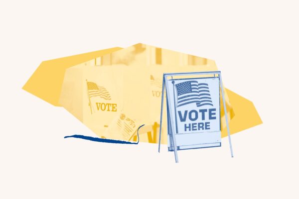 Yellow filtered image of voting booths. Blue filtered image of "Vote Here" sign over yellow shape