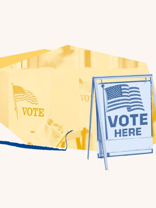 Yellow filtered image of voting booths. Blue filtered image of "Vote Here" sign over yellow shape