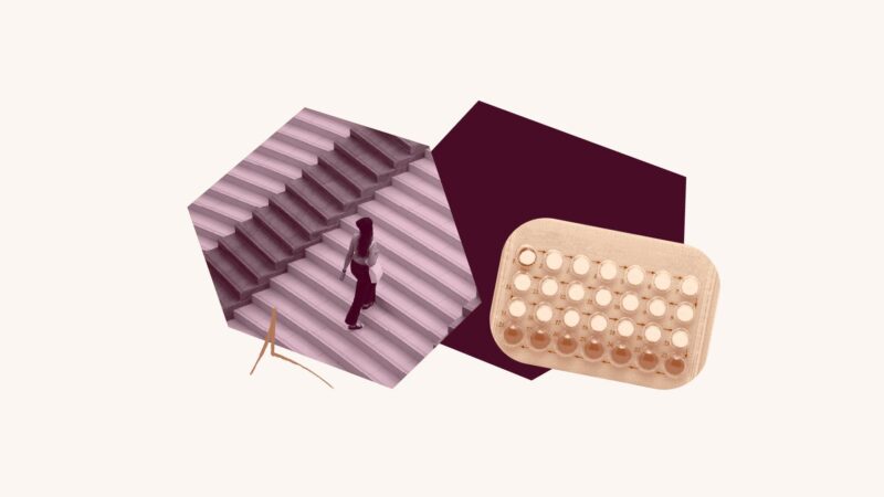 Maroon filtered image of a woman climbing stairs. Orange filtered birth control over maroon geometric shape.