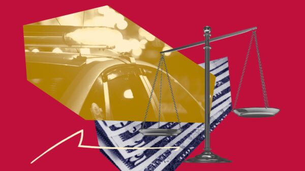 Red background. Navy filtered image of money, yellow filtered image of police car layered on top.