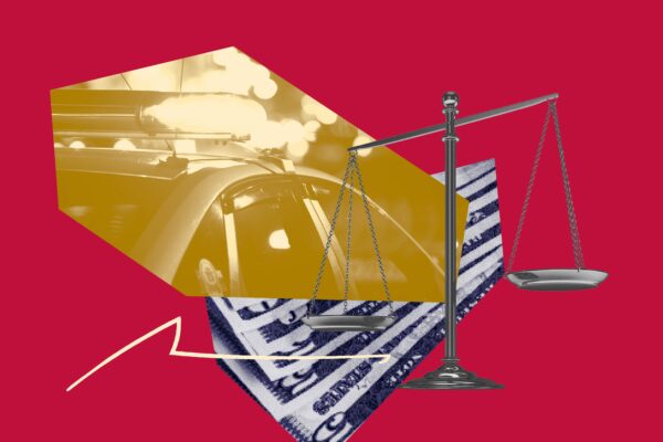 Red background. Navy filtered image of money, yellow filtered image of police car layered on top.