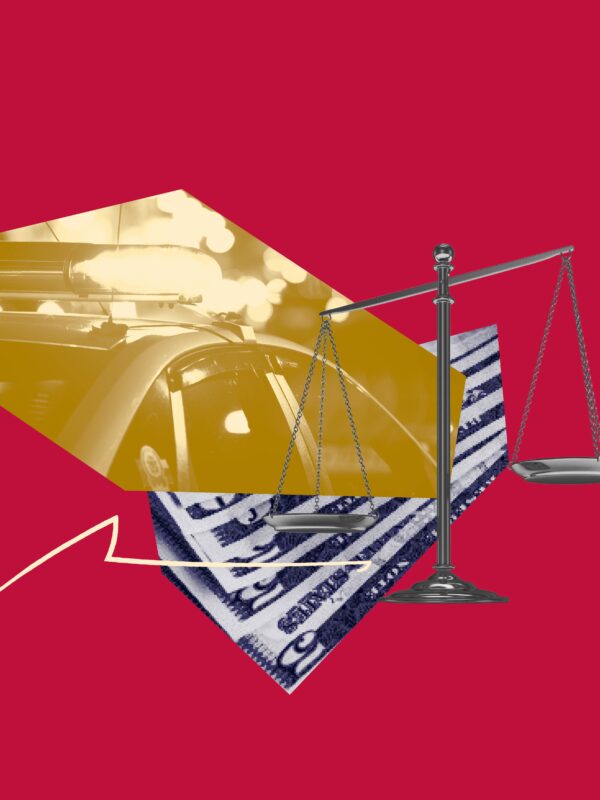 Red background. Navy filtered image of money, yellow filtered image of police car layered on top.