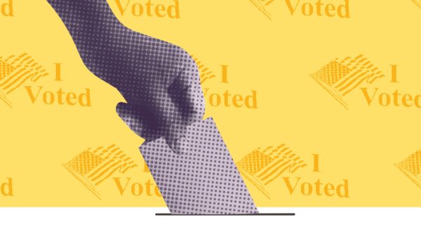 Yellow background with "I vote stickers" purple filtered hand putting ballot in box.