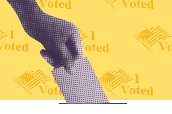 Yellow background with "I vote stickers" purple filtered hand putting ballot in box.