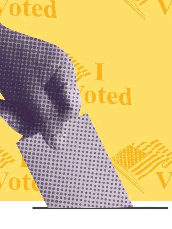 Yellow background with "I vote stickers" purple filtered hand putting ballot in box.