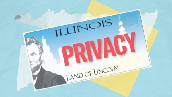 IL license plate reading Privacy, over an offset yellow square and torn up pieces of white paper. The background is light blue