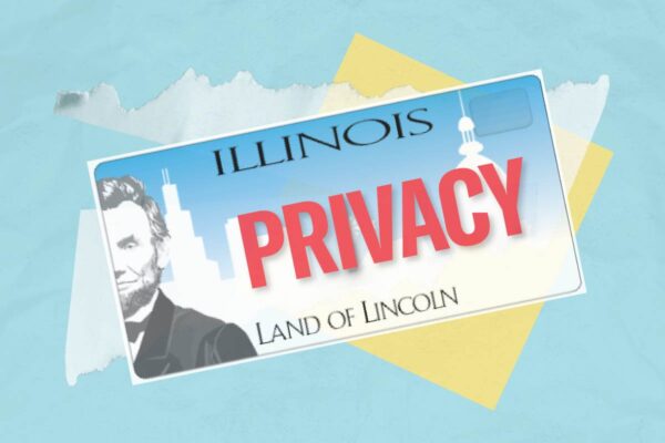 IL license plate reading Privacy, over an offset yellow square and torn up pieces of white paper. The background is light blue