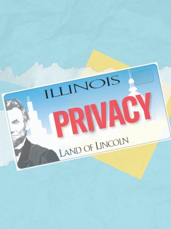 IL license plate reading Privacy, over an offset yellow square and torn up pieces of white paper. The background is light blue