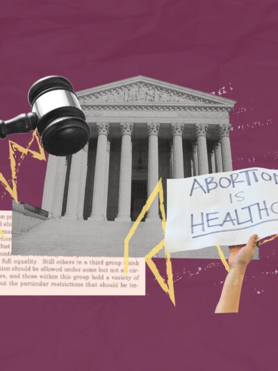 Maroon background. Collage of the Supreme Court, draft decision, gavel, and hand holding a sign that says "Abortion is Health Care"