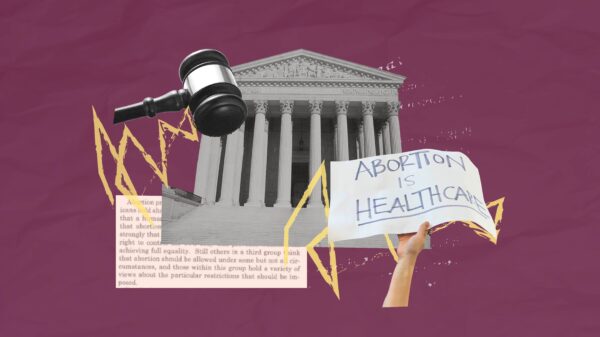 Maroon background. Collage of the Supreme Court, draft decision, gavel, and hand holding a sign that says "Abortion is Health Care"
