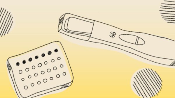 Light yellow background with black line drawings of birth control and a pregnancy test