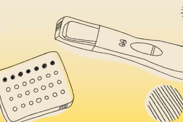 Light yellow background with black line drawings of birth control and a pregnancy test