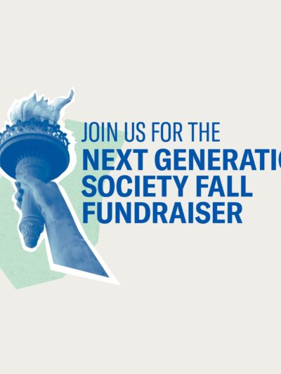 White background with blue hand holding a torch over a light green geometric shape. To the right is blue text "Join us for the" and bolded "Next Generation Society Fall Fundraiser"