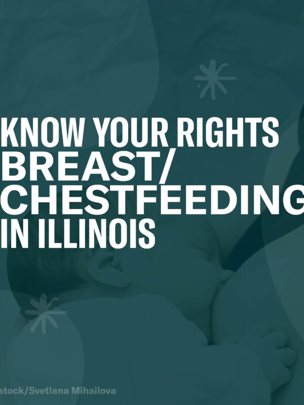 Baby breast/chestfeeding. Overlayed with dark green, small translucent asterisk and ovals. White text: Know Your Rights: Breast/chestfeeding in Illinois