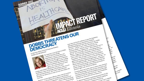 Two overlayed covers of this edition of the impact report over a blue background