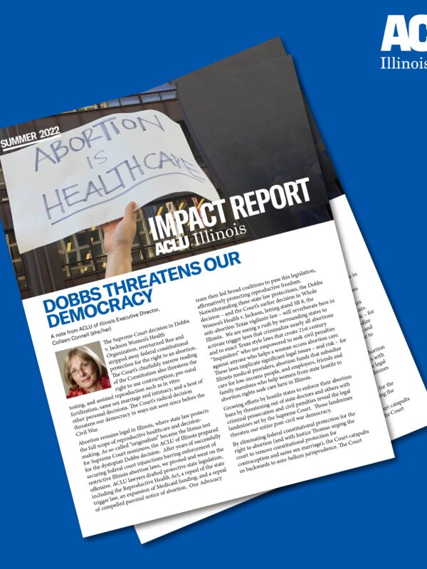 Two overlayed covers of this edition of the impact report over a blue background