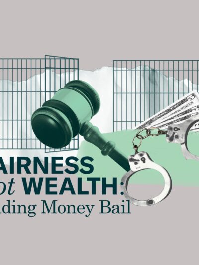 Gray background. Dark green jail cell with a green gavel, and black and white handcuffs over money.