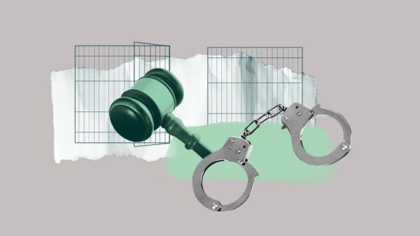 Gray background. Dark green jail cell with a green gavel, and black and white handcuffs over money.