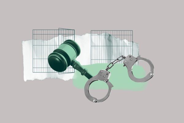 Gray background. Dark green jail cell with a green gavel, and black and white handcuffs over money.