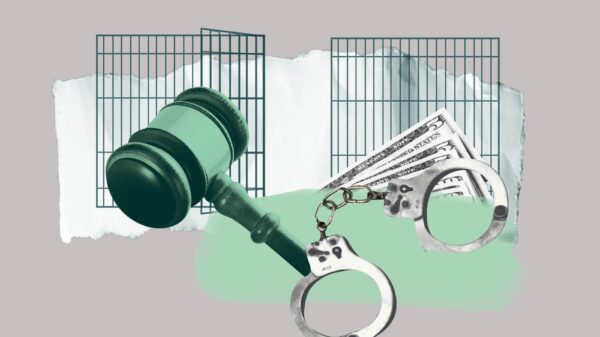 Gray background. Dark green jail cell with a green gavel, and black and white handcuffs over money.