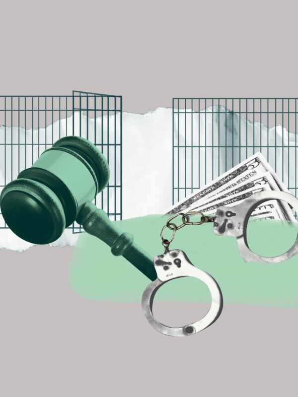 Gray background. Dark green jail cell with a green gavel, and black and white handcuffs over money.