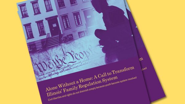 Yellow square with image of the report cover. Purple silhouetted child in front of a light blue and purple building with the constitution along the bottom.