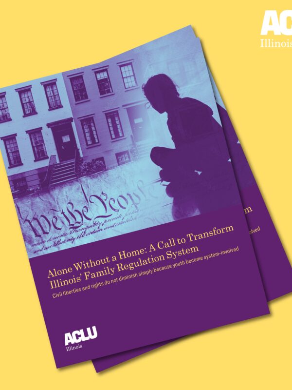 Yellow square with image of the report cover. Purple silhouetted child in front of a light blue and purple building with the constitution along the bottom.
