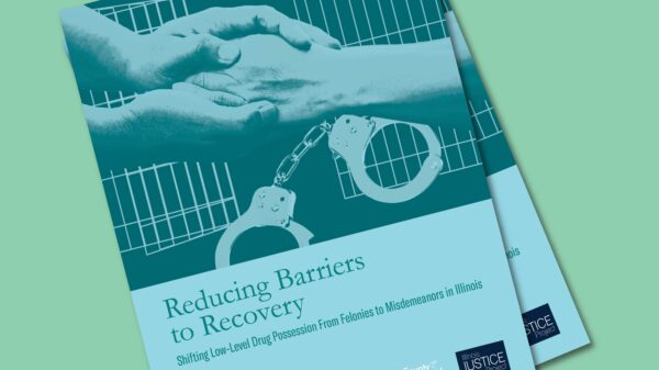 Light green background. Two overlapping report covers. Teal with light blue helping hands in front of jail doors and handcuffs. Bottom is light blue with report title in teal