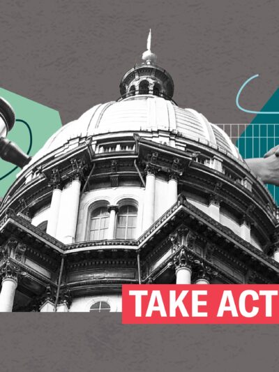 Dark gray background with a black and white image of the IlL capitol building. On the left is a light green geometric shape with a bw gavel and bw handcuffs. On the left is a teal geometric shape with bw hands holing in front of white jail cells
