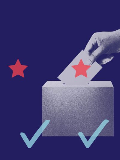 Dark blue background. Dark blue and white hand putting a ballot in a ballot box. Three light blue check marks along the bottom, three red stars across the middle and the ballot box. five yellow fill in bubbles with the fourth filled in along the right.