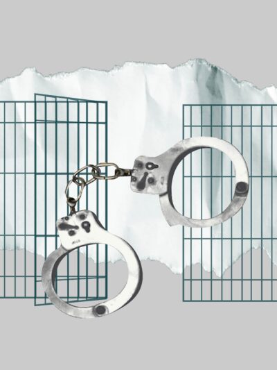 Gray background. Dark green jail cell with black and white handcuffs