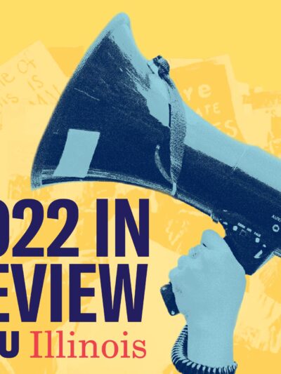 Yellow background. Blue filtered megaphone. Navy blue text "2022 Review" with navy and red ACLU-IL logo underneath.