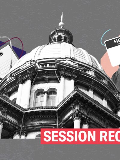 Gray background. Black and white Springfield capitol building. On the right in front of a pink geometric shape is a hand holding a "my name is" name card, with a form behind it. On the left is a navy geometric shape, clipboard and stethoscope
