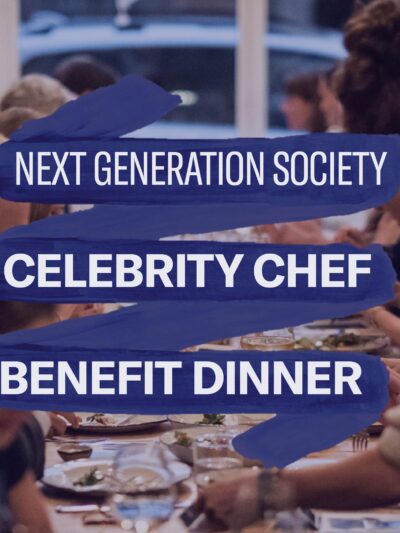 Photo from one end of a table of people sitting and being served food. Navy banner with white text: NEXT GENERATION SOCIETY, (bolded wider text) CELEBRITY CHEF BENEFIT DINNER
