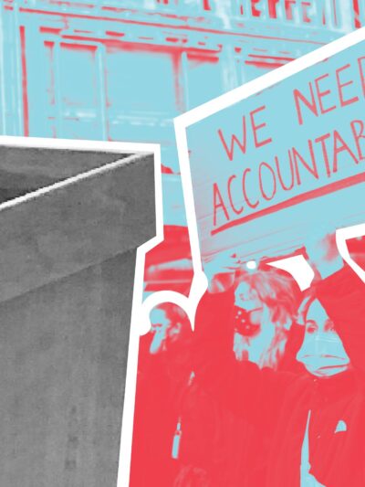 On left b/w image of podium, in the rest of the image a light blue/red filtered image of a protest with a protestor holding a sign "WE NEED ACCOUNTABILITY" and buildings behind them.