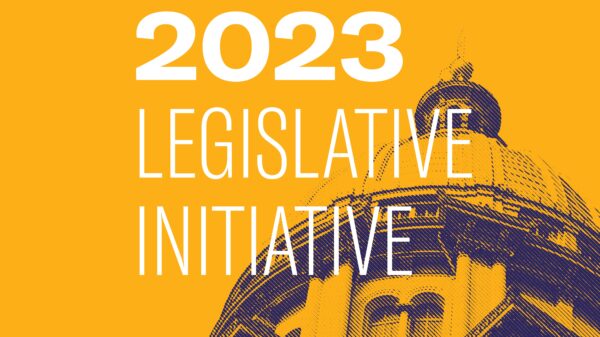 Mustard yellow background. Navy blue filtered image of the Illinois State Capitol Building. Centered white text "2023 Legislative Initiative"